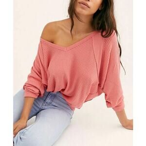 Free People Pink Waffle Knit Slouchy Long Sleeve Thermal Shirt Women's Small